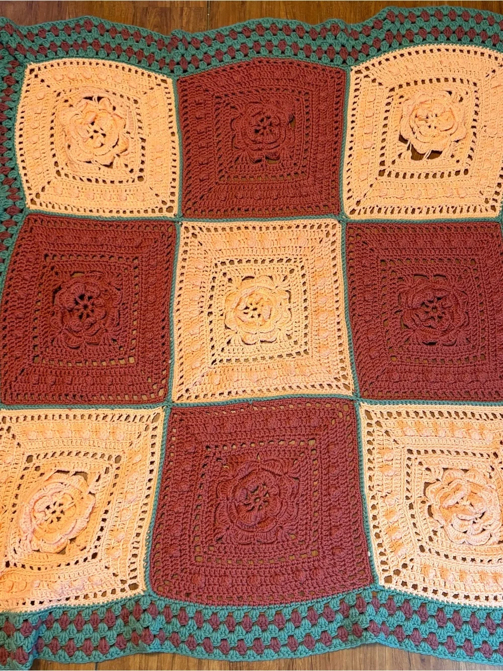 Vtg Granny Afghan Blanket 3D Flower Power Handmade Crochet 49X47” Cottagecore